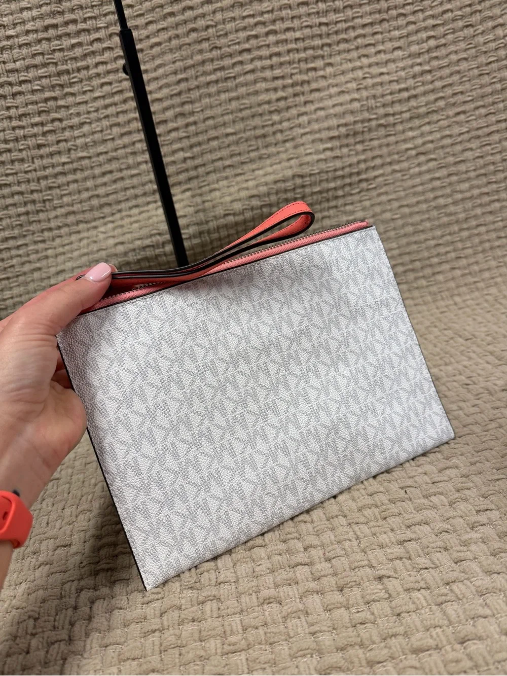 Michael Kors White Signature Wristlet with Pink Trim
